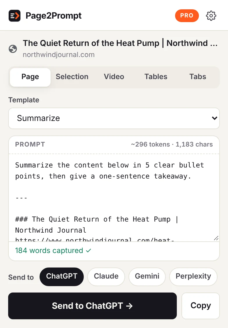Page2Prompt popup with the Summarize template and a clean prompt ready to send to ChatGPT