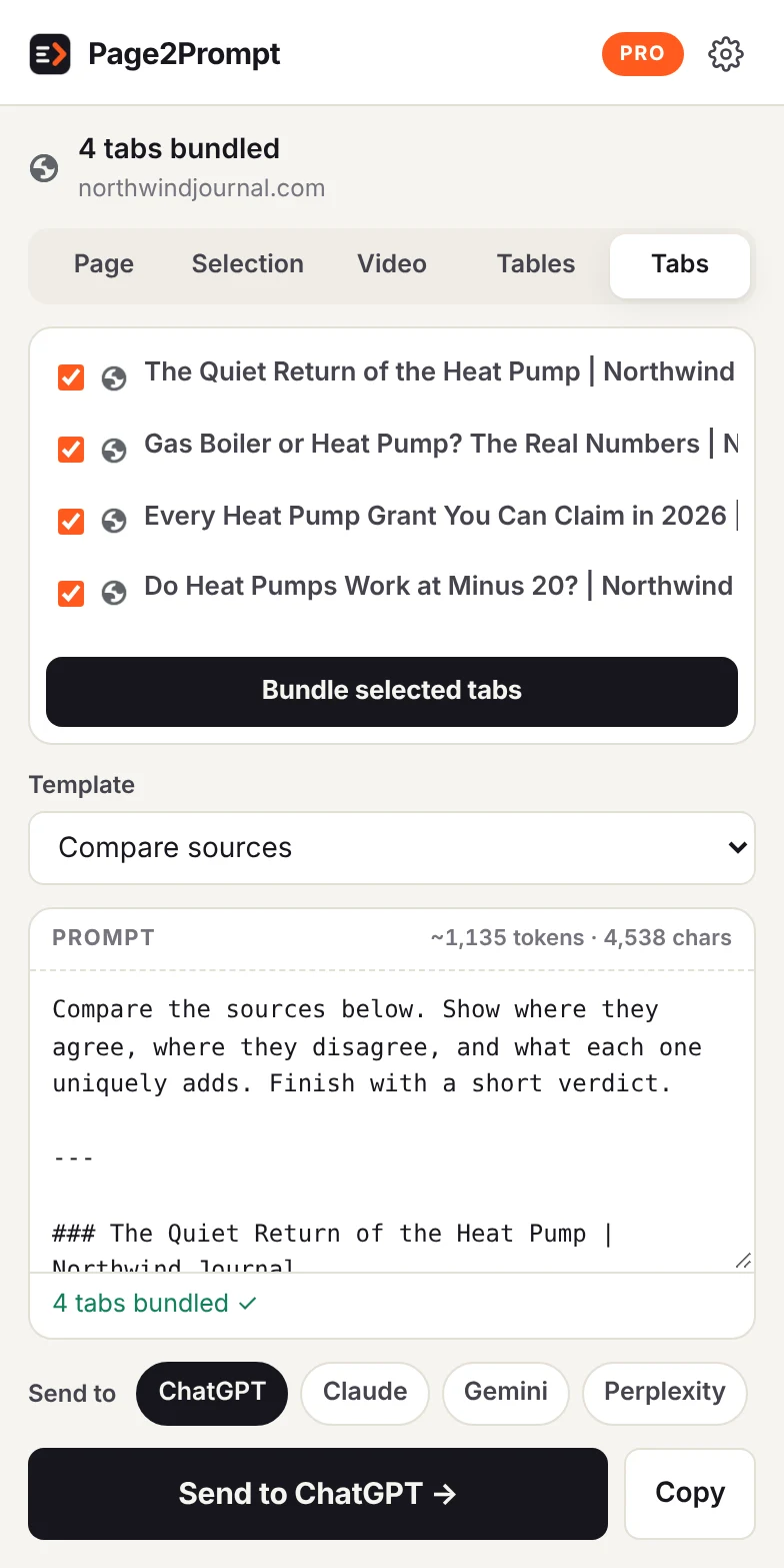 Page2Prompt bundling four open tabs into one Compare sources prompt