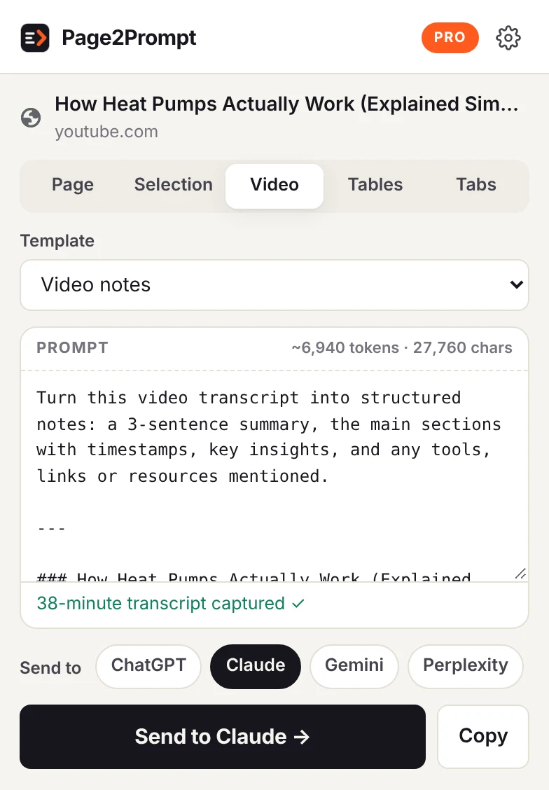 Page2Prompt capturing a YouTube transcript with the Video notes template