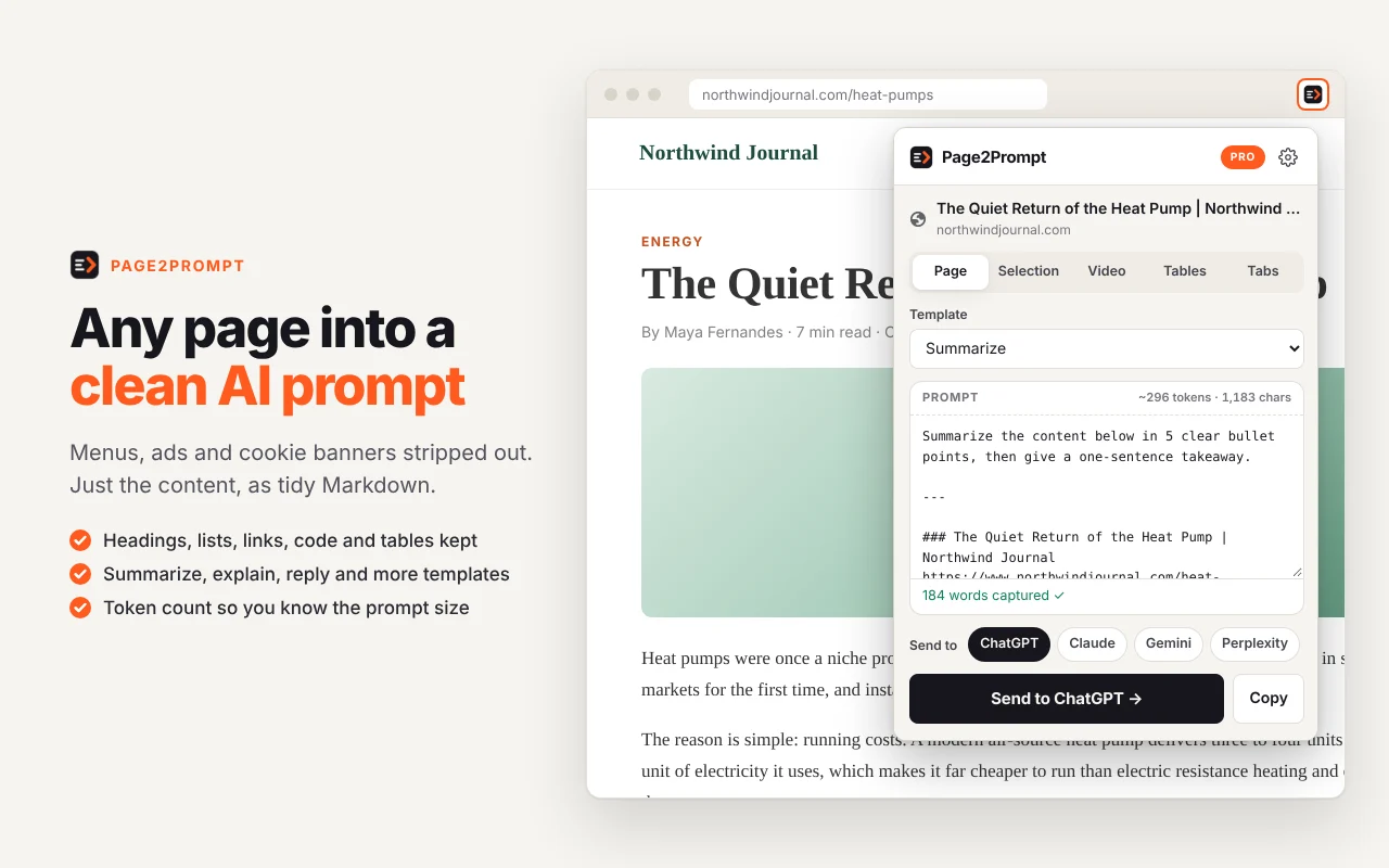 Page2Prompt popup turning a news article into a clean ChatGPT prompt
